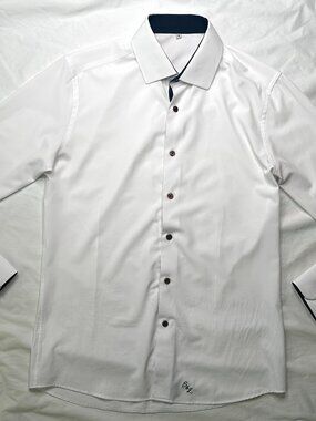 State & Liberty Mens Medium Athletic Fit Dress Shirt White Navy Blue Trim